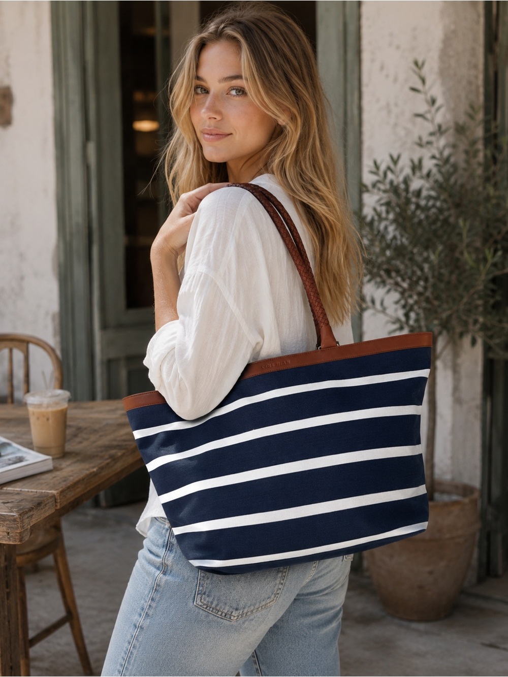 Cole Haan Striped Navy & White Canvas Tote